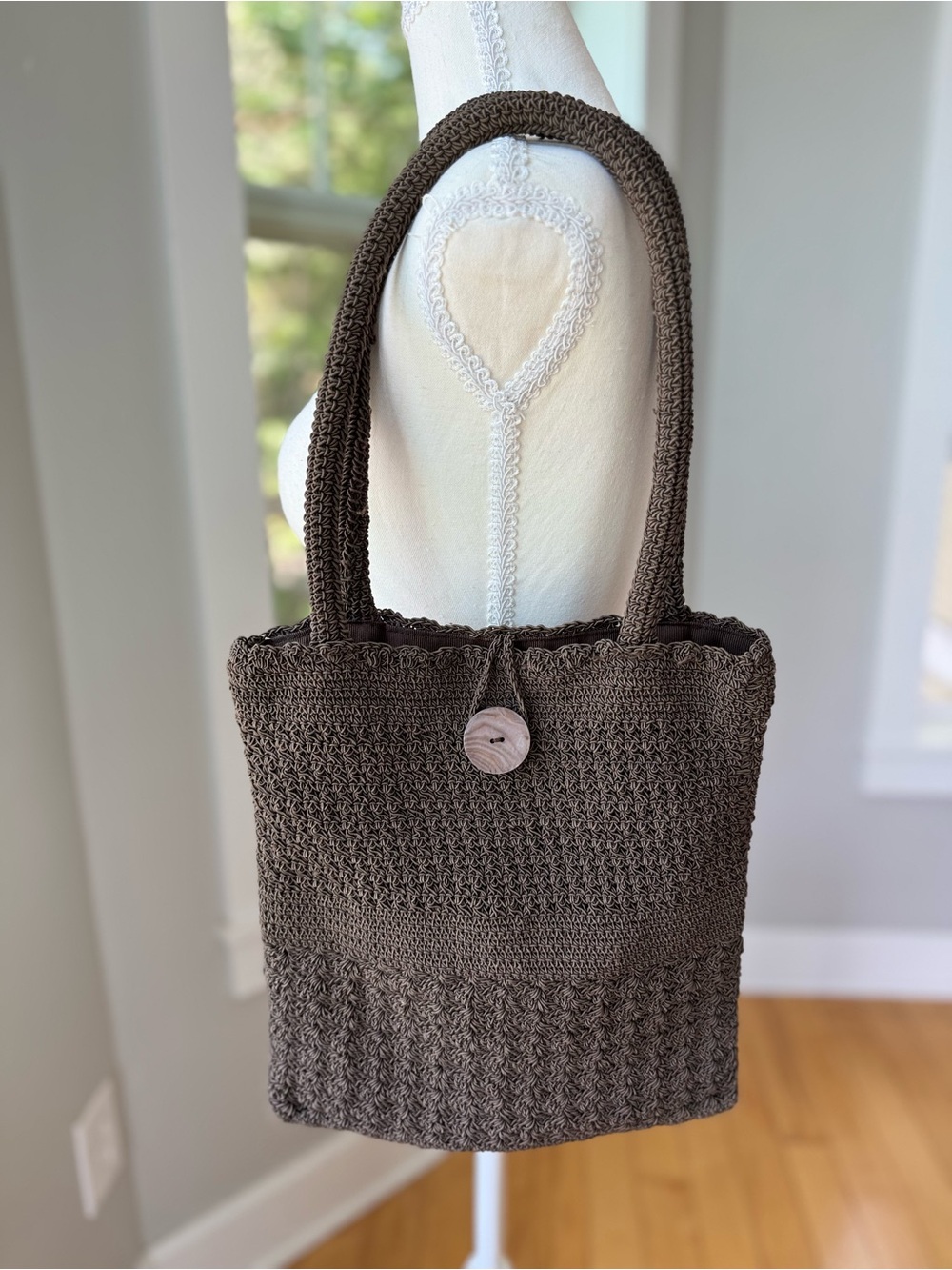 J. Jill Taupe Brown Crochet Shoulder Bag Oversized Button Accent